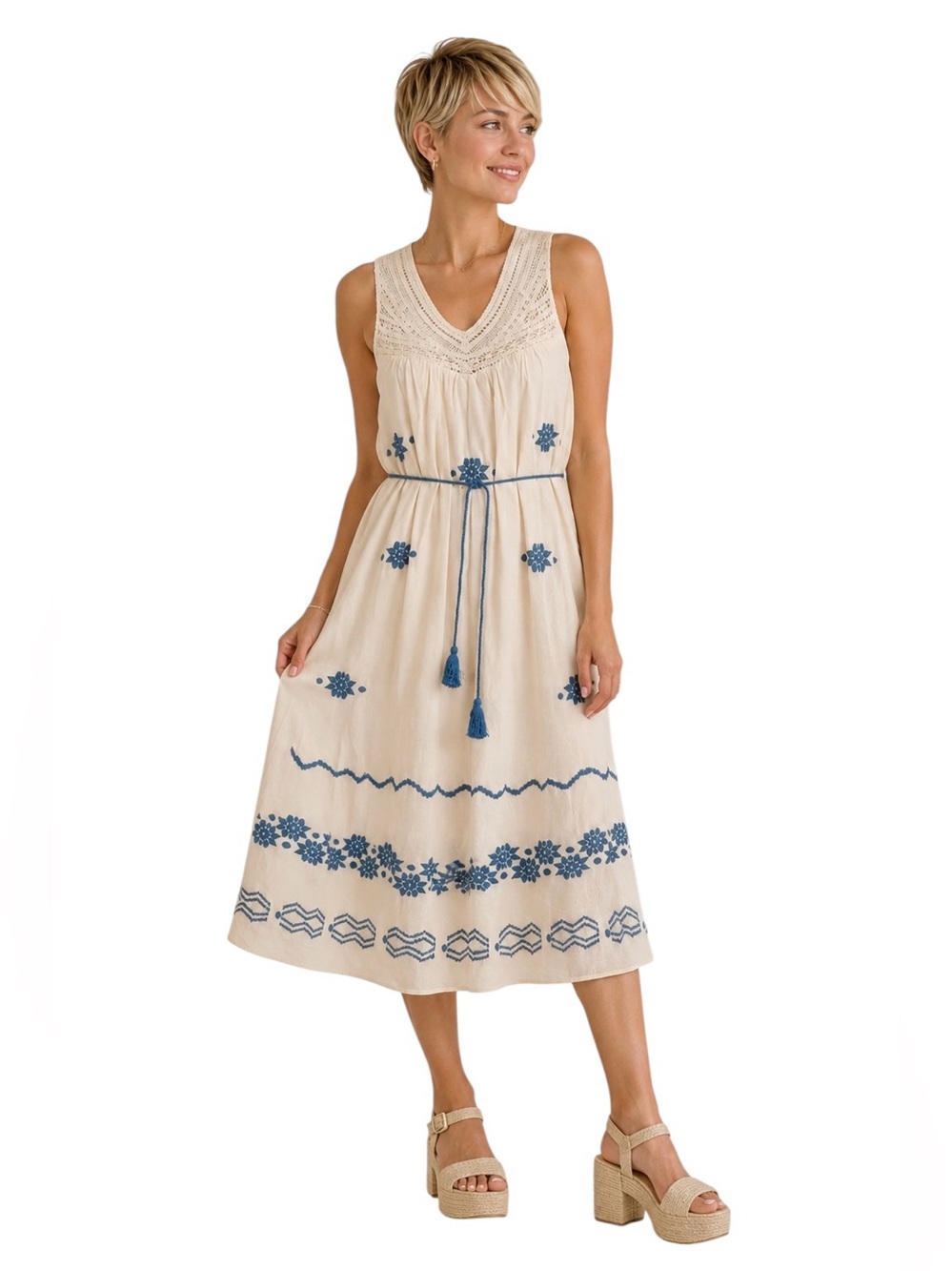 ELLEN TRACY Embroidered Cotton Cream Blue Floral Midi Dress Women’s Size Small